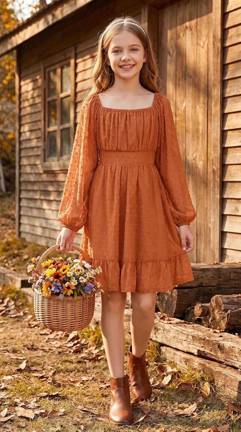 image:imageGRACE KARIN Girls Fall Winter Dress Long Sleeve Casual Party Outfit 614Burnt Orange