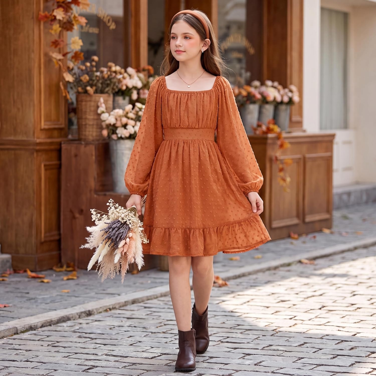 image:imageGRACE KARIN Girls Fall Winter Dress Long Sleeve Casual Party Outfit 614Burnt Orange
