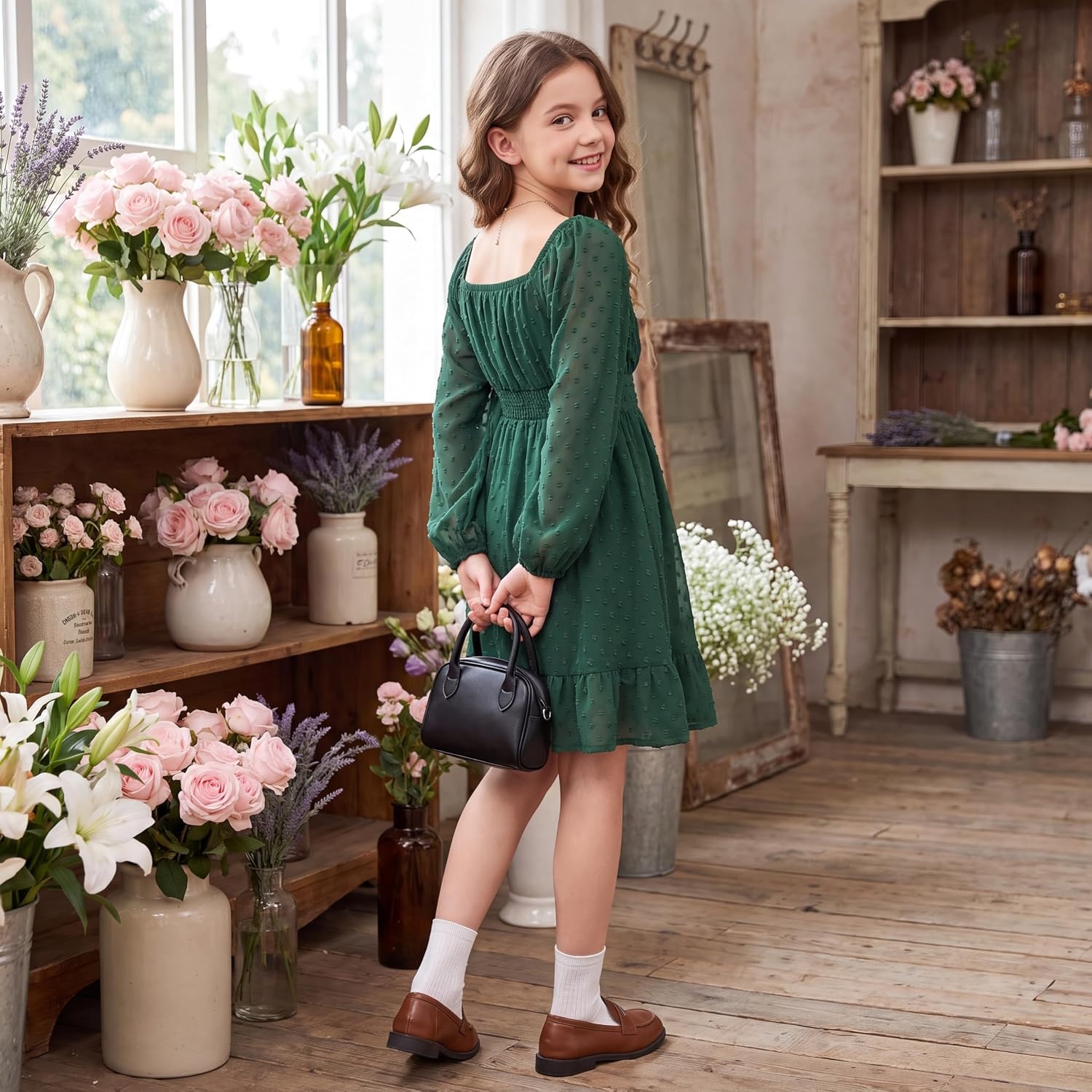 image:imageGRACE KARIN Girls Fall Winter Dress Long Sleeve Casual Party Outfit 614Dark Green