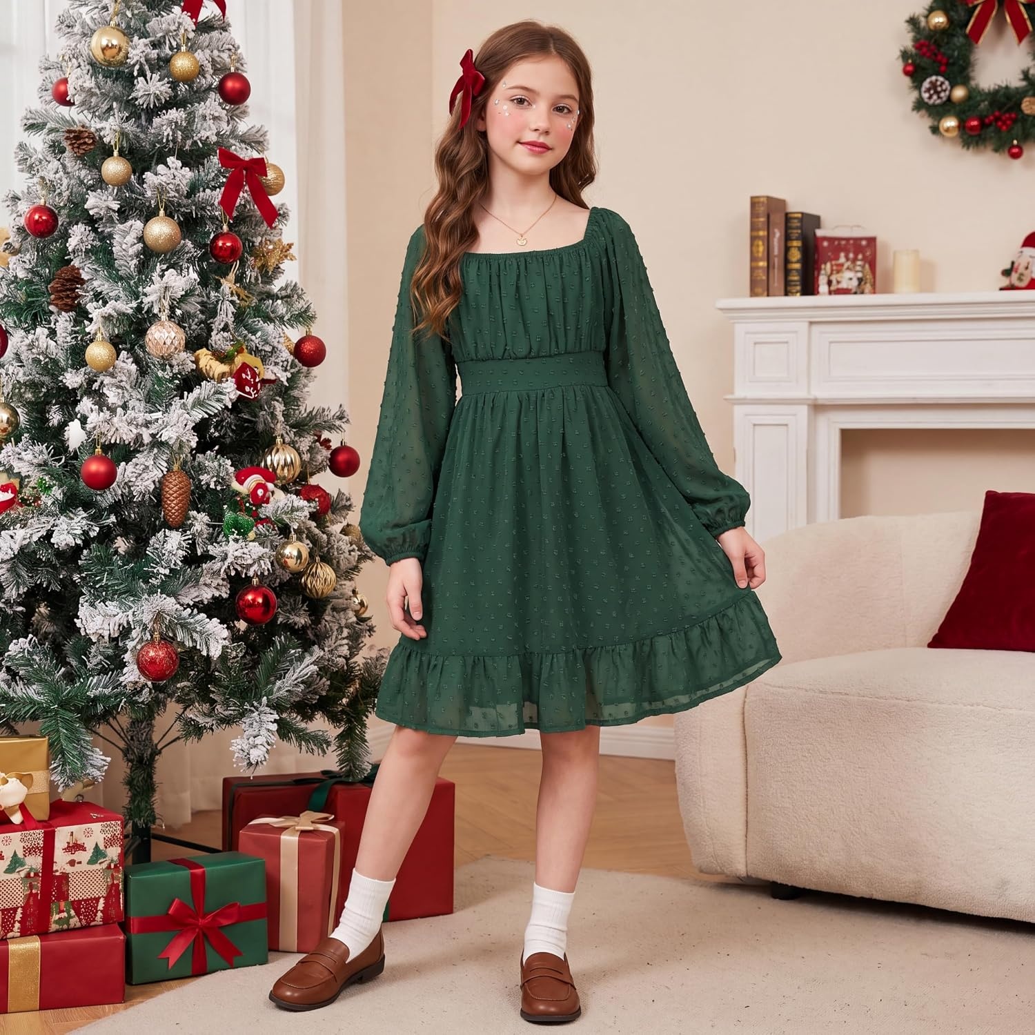 image:imageGRACE KARIN Girls Fall Winter Dress Long Sleeve Casual Party Outfit 614Dark Green