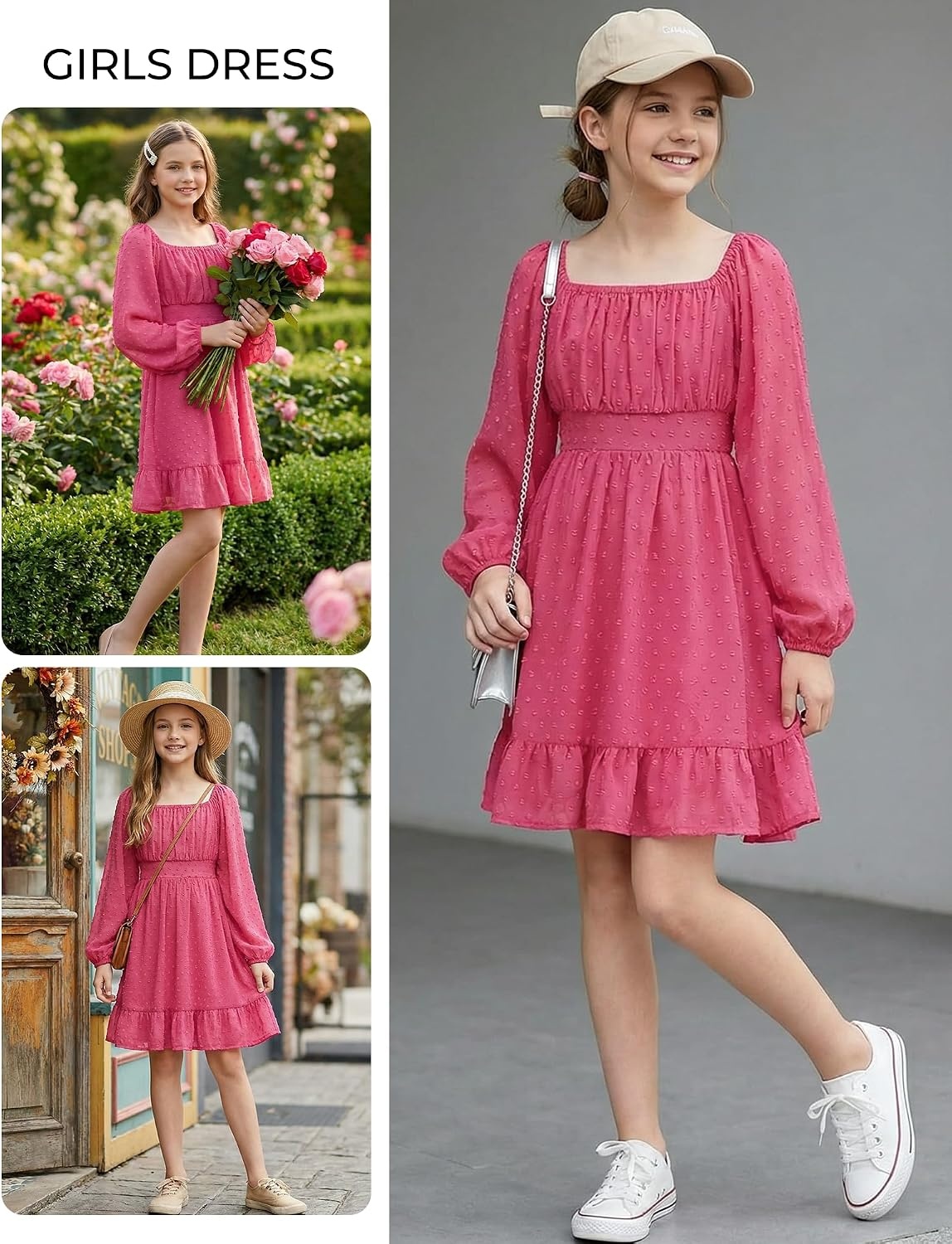image:imageGRACE KARIN Girls Fall Winter Dress Long Sleeve Casual Party Outfit 614Hot Pink