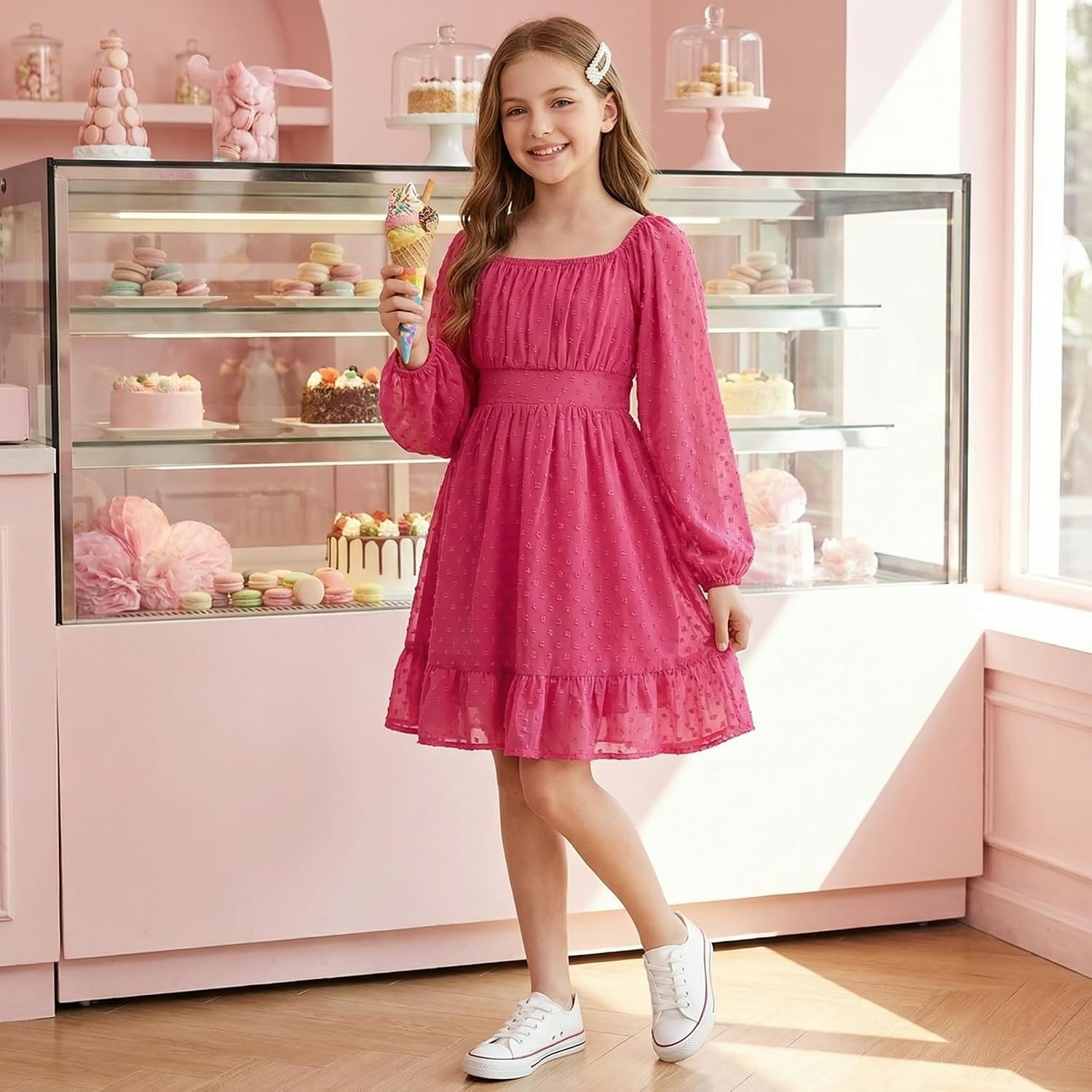 image:imageGRACE KARIN Girls Fall Winter Dress Long Sleeve Casual Party Outfit 614Hot Pink