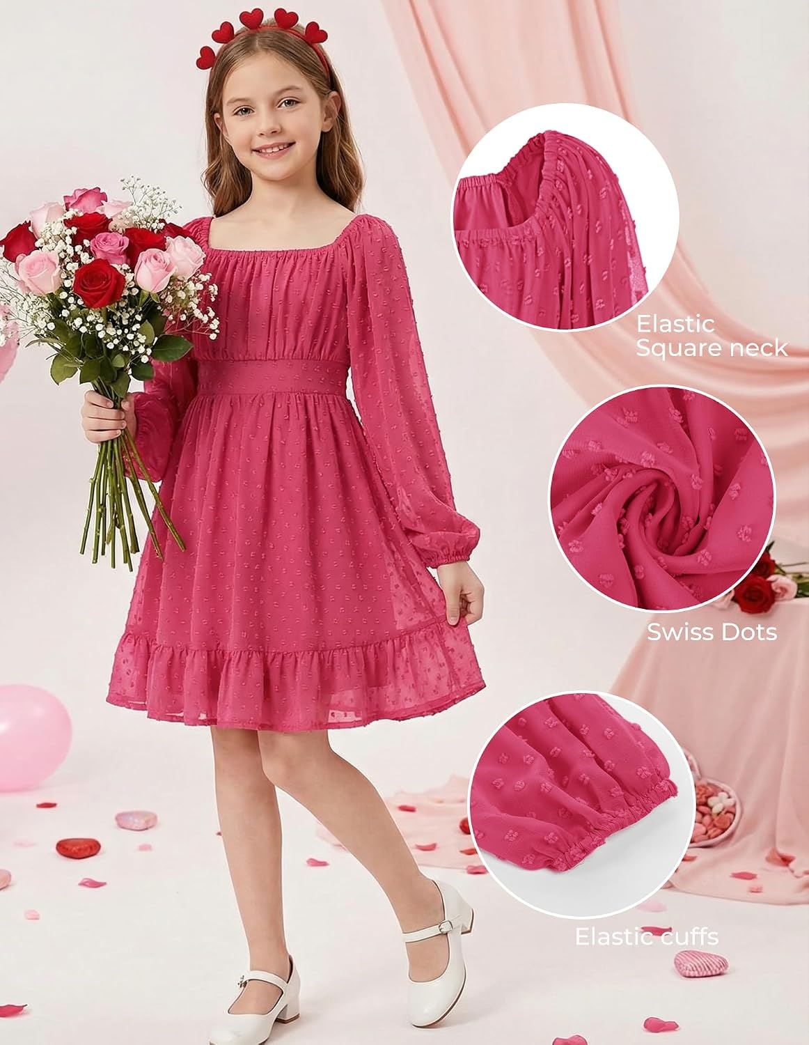 image:imageGRACE KARIN Girls Fall Winter Dress Long Sleeve Casual Party Outfit 614Hot Pink