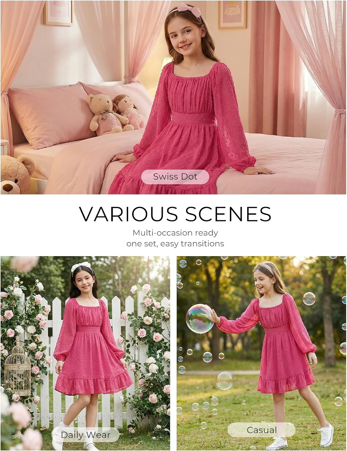 image:imageGRACE KARIN Girls Fall Winter Dress Long Sleeve Casual Party Outfit 614Hot Pink