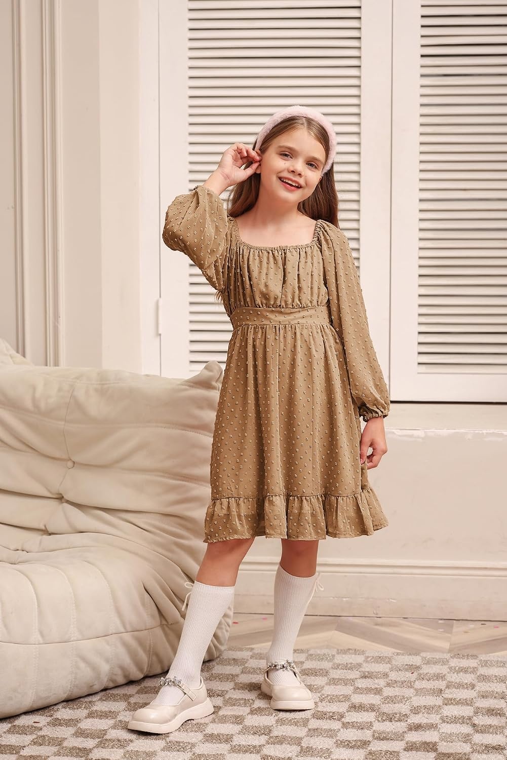 image:imageGRACE KARIN Girls Fall Winter Dress Long Sleeve Casual Party Outfit 614Khaki