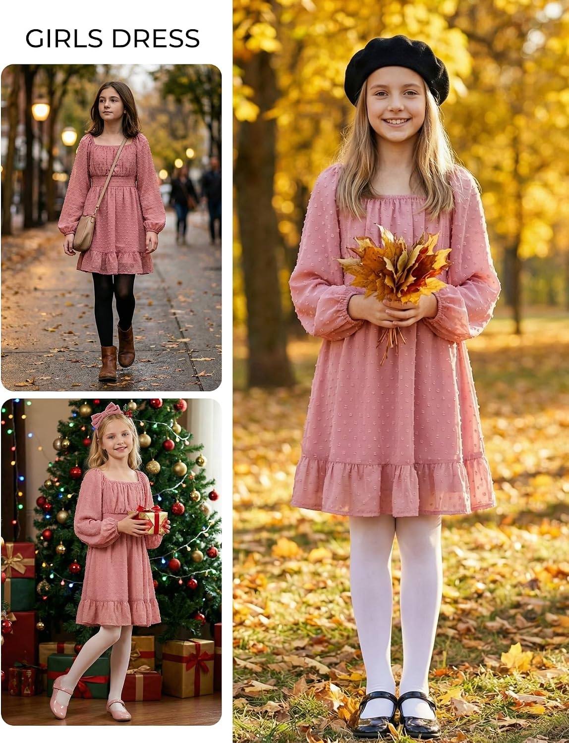 image:imageGRACE KARIN Girls Fall Winter Dress Long Sleeve Casual Party Outfit 614Pink