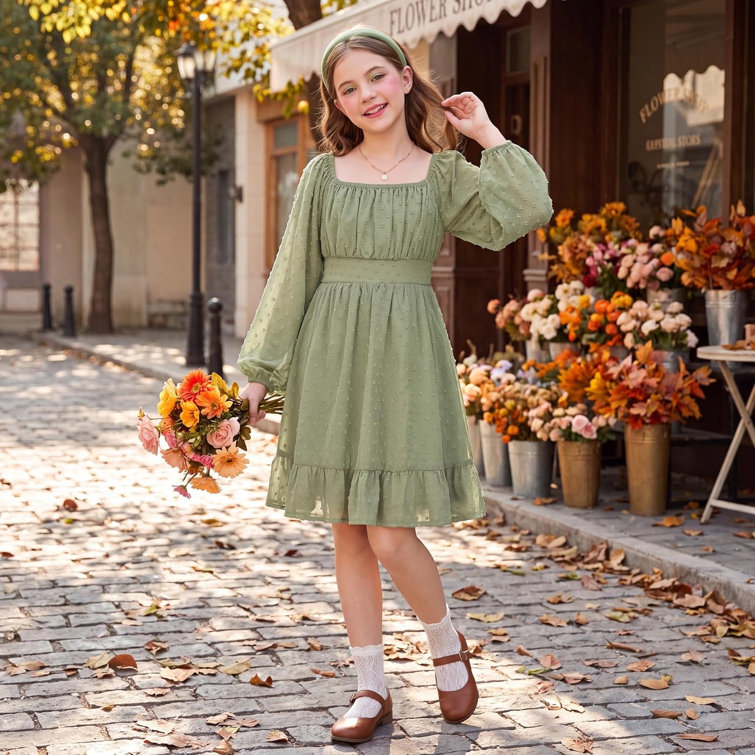 image:imageGRACE KARIN Girls Fall Winter Dress Long Sleeve Casual Party Outfit 614Sage Green