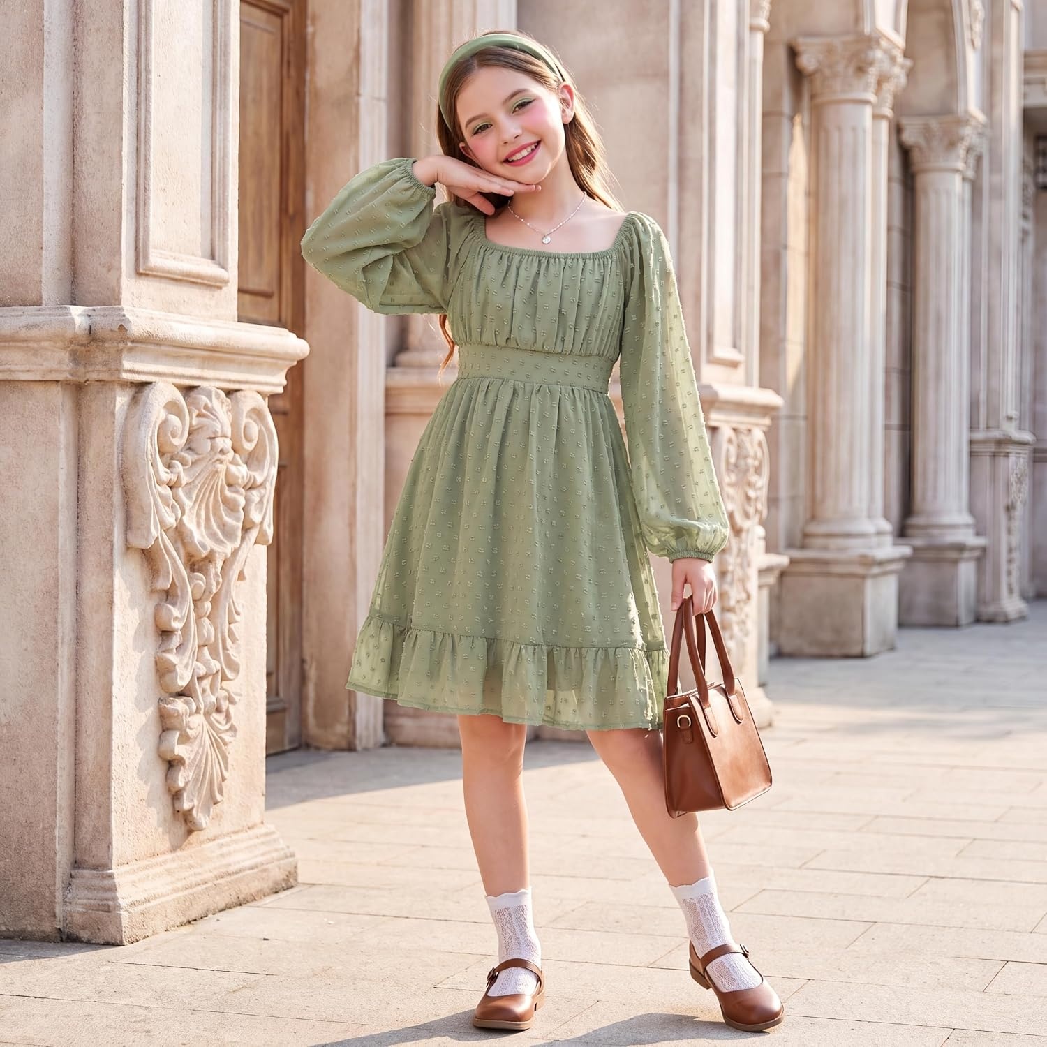 image:imageGRACE KARIN Girls Fall Winter Dress Long Sleeve Casual Party Outfit 614Sage Green