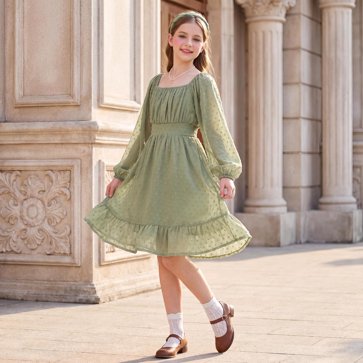 image:imageGRACE KARIN Girls Fall Winter Dress Long Sleeve Casual Party Outfit 614Sage Green