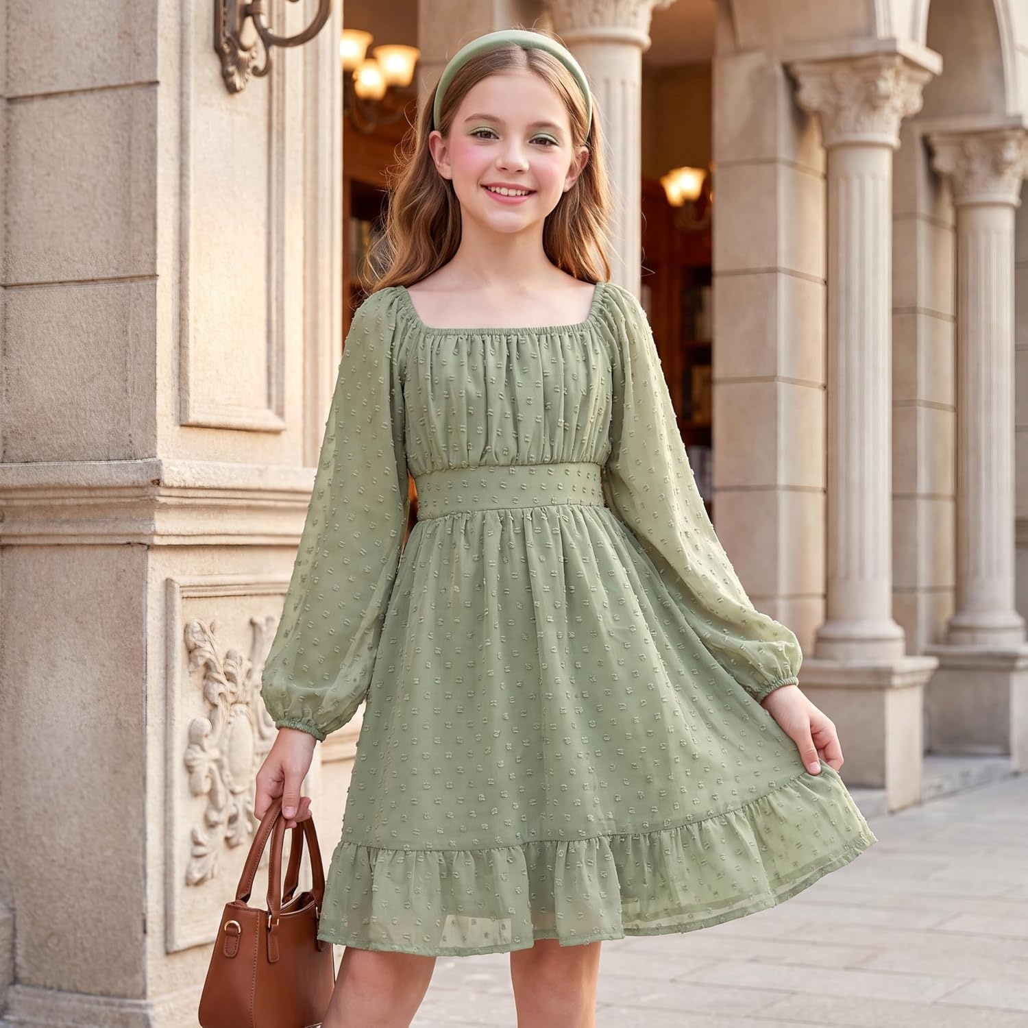 image:imageGRACE KARIN Girls Fall Winter Dress Long Sleeve Casual Party Outfit 614Sage Green