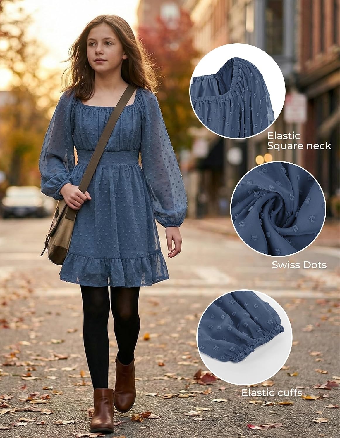 image:imageGRACE KARIN Girls Fall Winter Dress Long Sleeve Casual Party Outfit 614Steel Blue