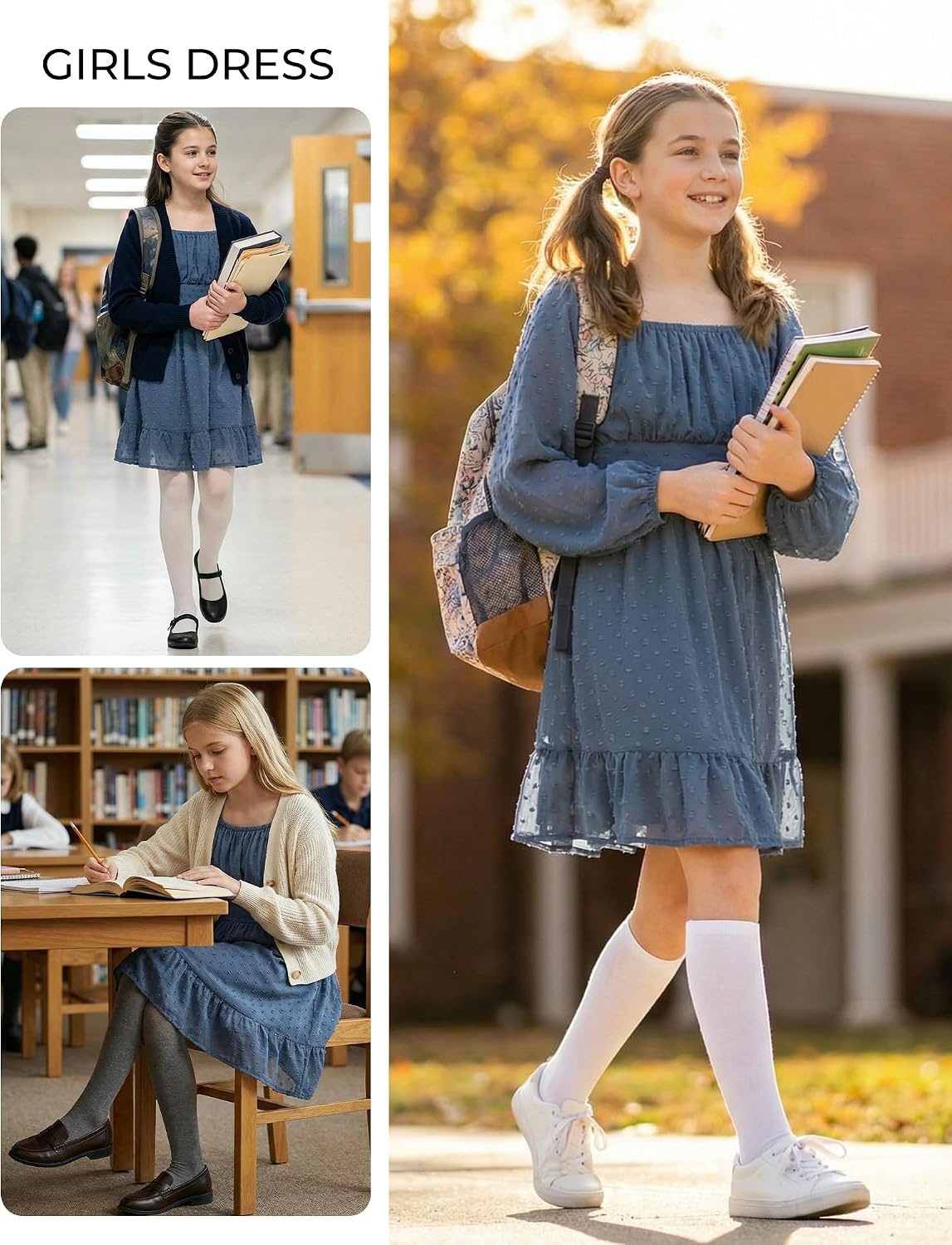image:imageGRACE KARIN Girls Fall Winter Dress Long Sleeve Casual Party Outfit 614Steel Blue