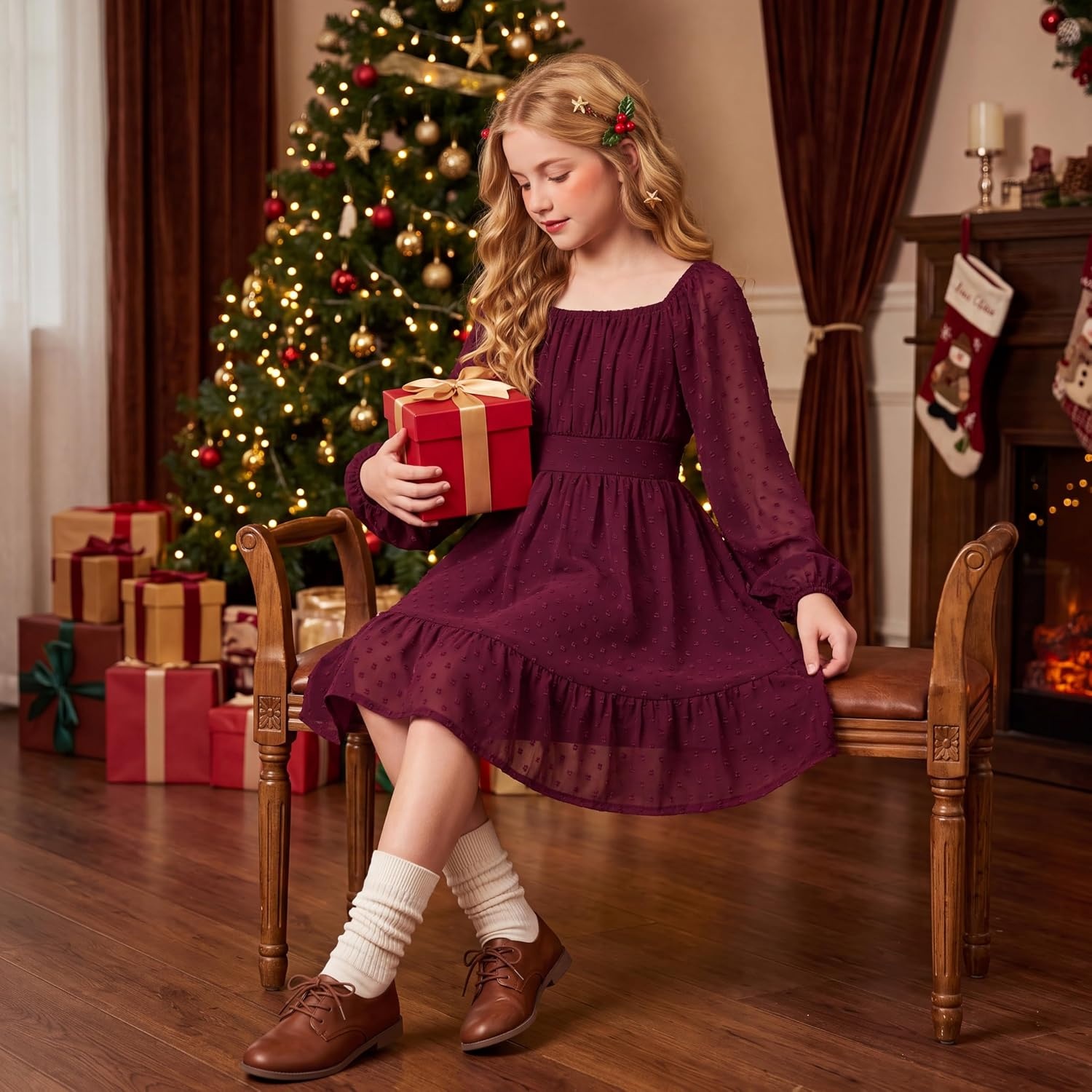 image:imageGRACE KARIN Girls Fall Winter Dress Long Sleeve Casual Party Outfit 614Wine