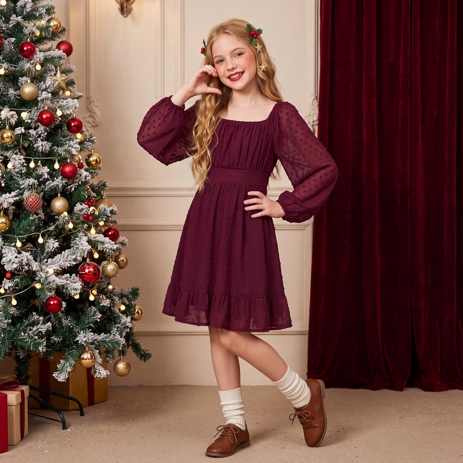 image:imageGRACE KARIN Girls Fall Winter Dress Long Sleeve Casual Party Outfit 614Wine