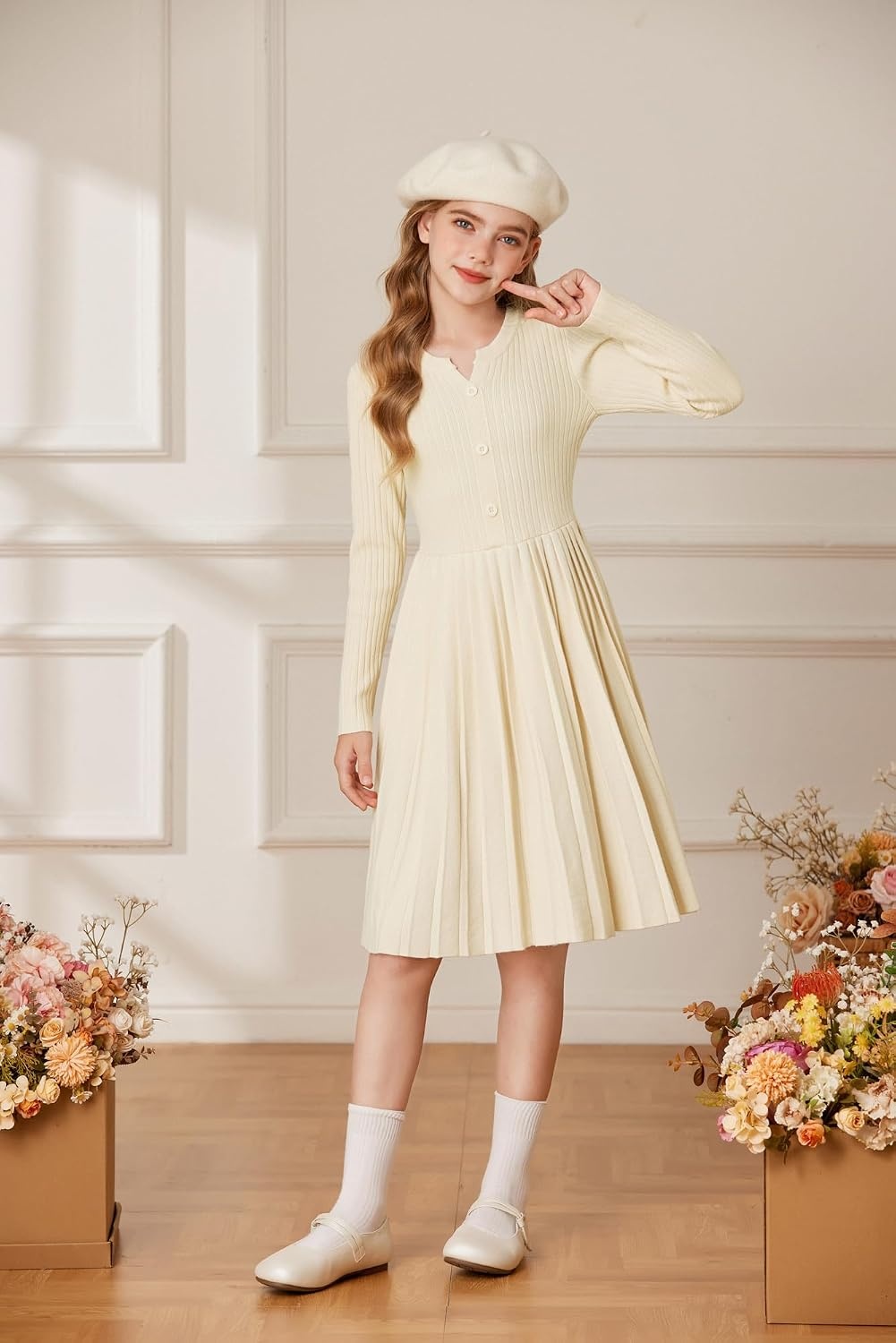image:imageGRACE KARIN Girls Fall Winter Long Sleeve Sweater Casual Button Dress 714Apricot