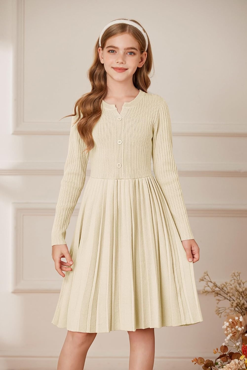 image:imageGRACE KARIN Girls Fall Winter Long Sleeve Sweater Casual Button Dress 714Apricot