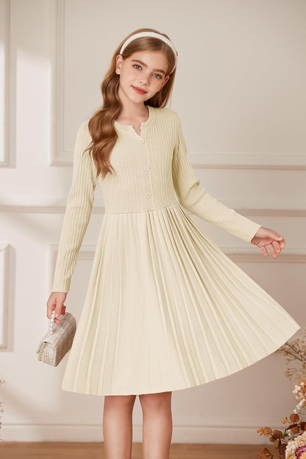image:imageGRACE KARIN Girls Fall Winter Long Sleeve Sweater Casual Button Dress 714Apricot