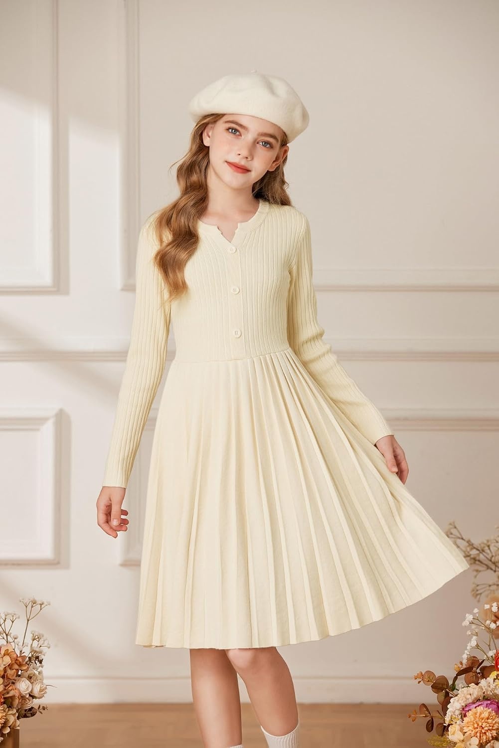 image:imageGRACE KARIN Girls Fall Winter Long Sleeve Sweater Casual Button Dress 714Apricot