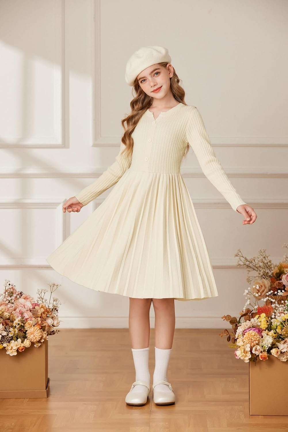 image:imageGRACE KARIN Girls Fall Winter Long Sleeve Sweater Casual Button Dress 714Apricot