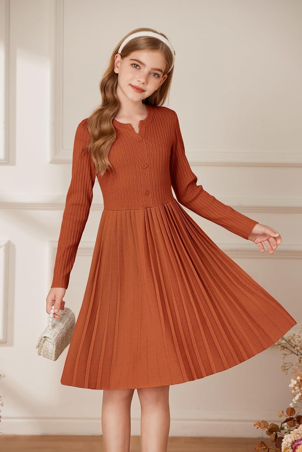 image:imageGRACE KARIN Girls Fall Winter Long Sleeve Sweater Casual Button Dress 714Caramel