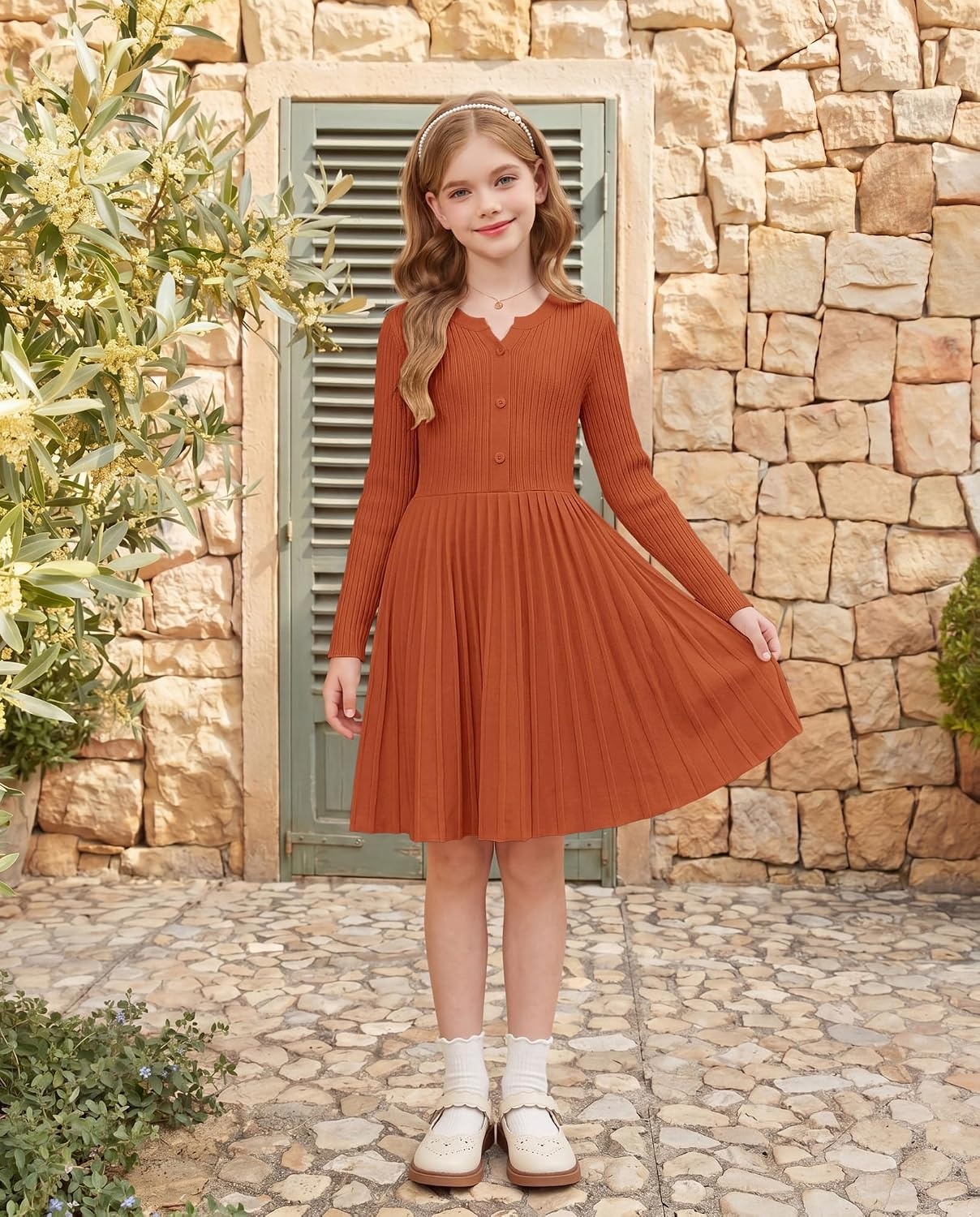 image:imageGRACE KARIN Girls Fall Winter Long Sleeve Sweater Casual Button Dress 714Caramel