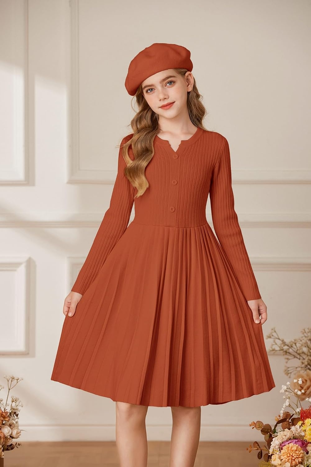 image:imageGRACE KARIN Girls Fall Winter Long Sleeve Sweater Casual Button Dress 714Caramel