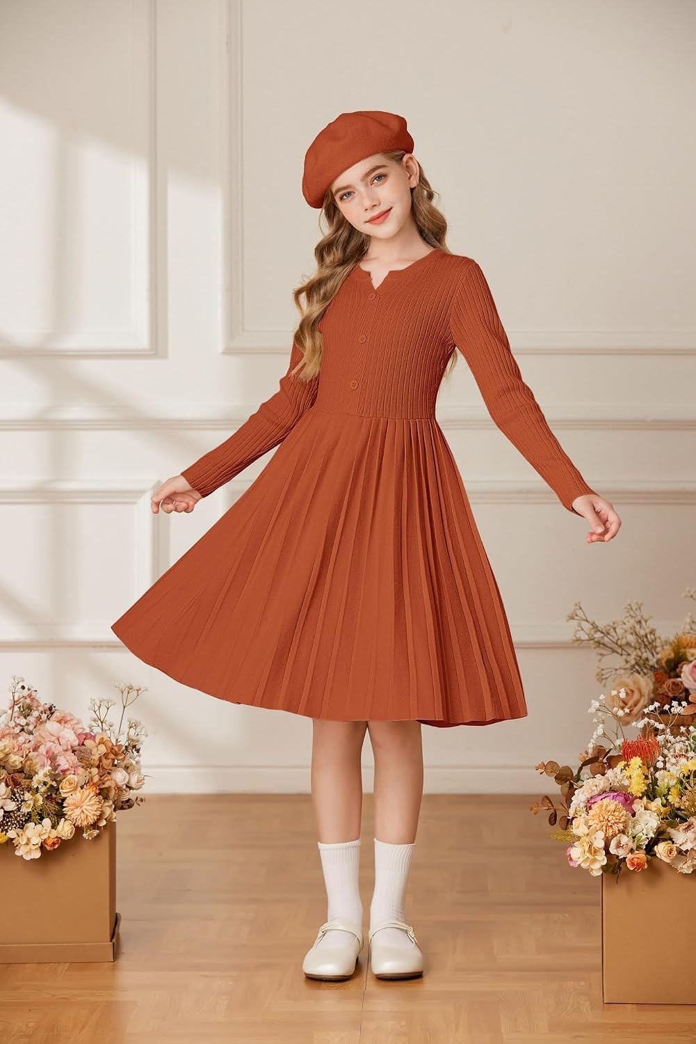 image:imageGRACE KARIN Girls Fall Winter Long Sleeve Sweater Casual Button Dress 714Caramel
