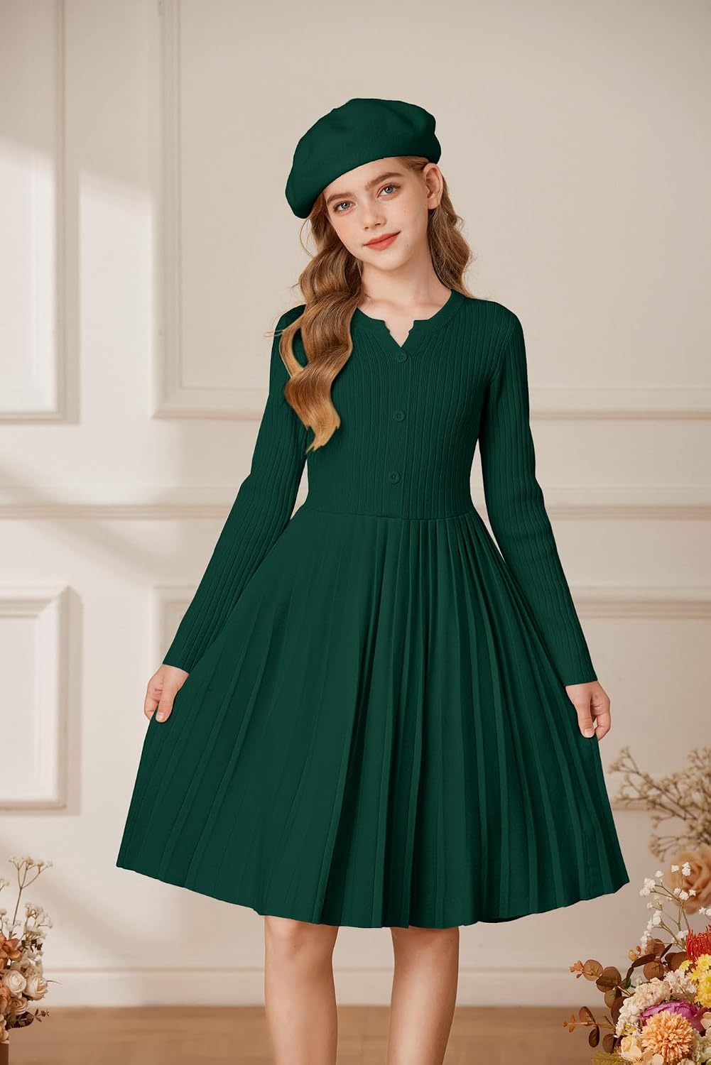 image:imageGRACE KARIN Girls Fall Winter Long Sleeve Sweater Casual Button Dress 714Dark Green