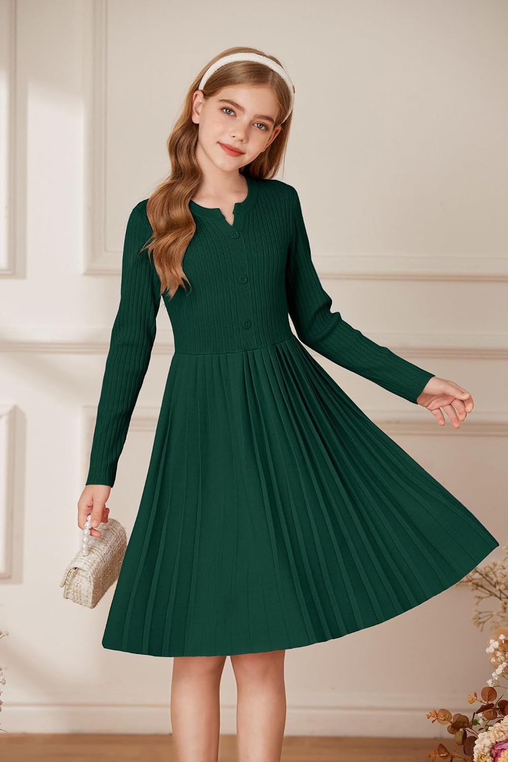 image:imageGRACE KARIN Girls Fall Winter Long Sleeve Sweater Casual Button Dress 714Dark Green