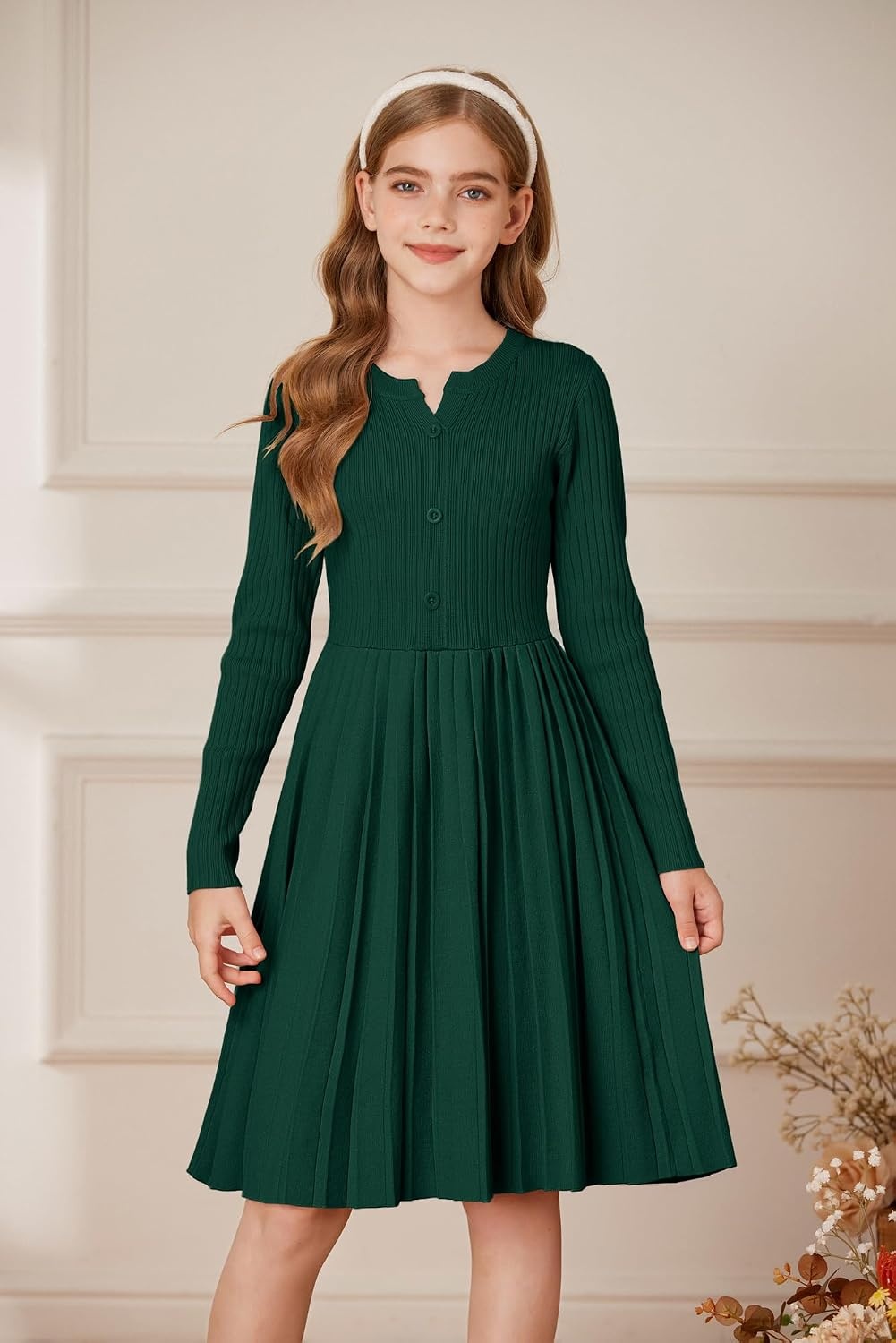 image:imageGRACE KARIN Girls Fall Winter Long Sleeve Sweater Casual Button Dress 714Dark Green