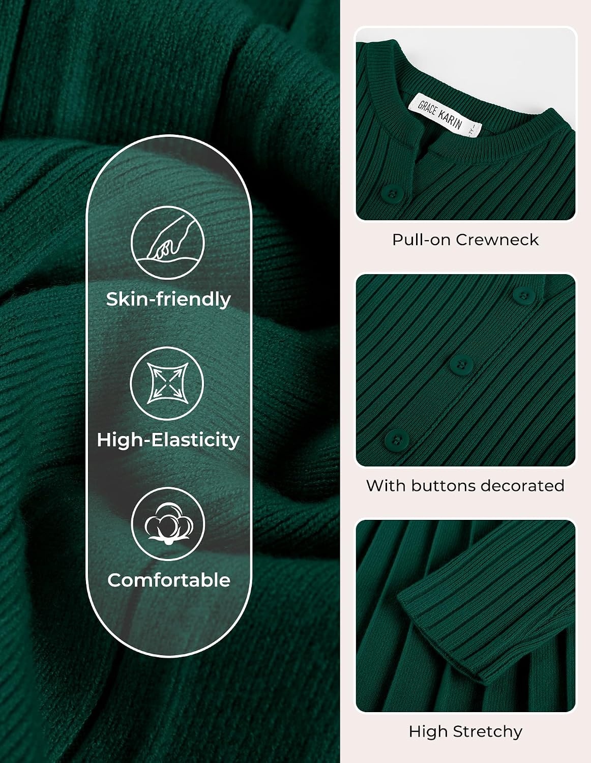 image:imageGRACE KARIN Girls Fall Winter Long Sleeve Sweater Casual Button Dress 714Dark Green