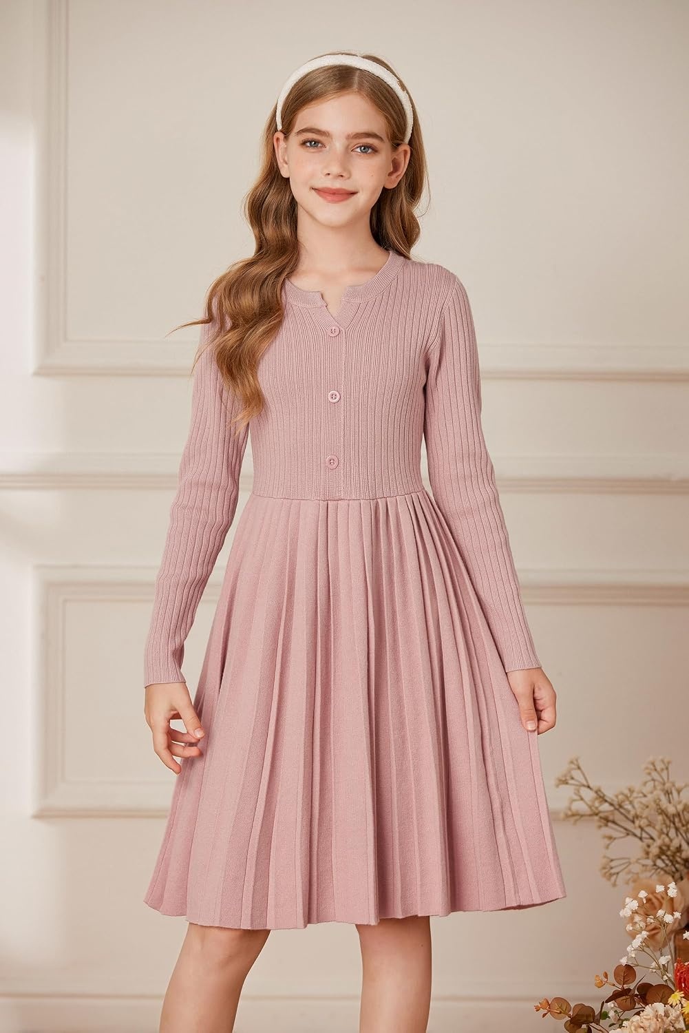 image:imageGRACE KARIN Girls Fall Winter Long Sleeve Sweater Casual Button Dress 714Gray Pink