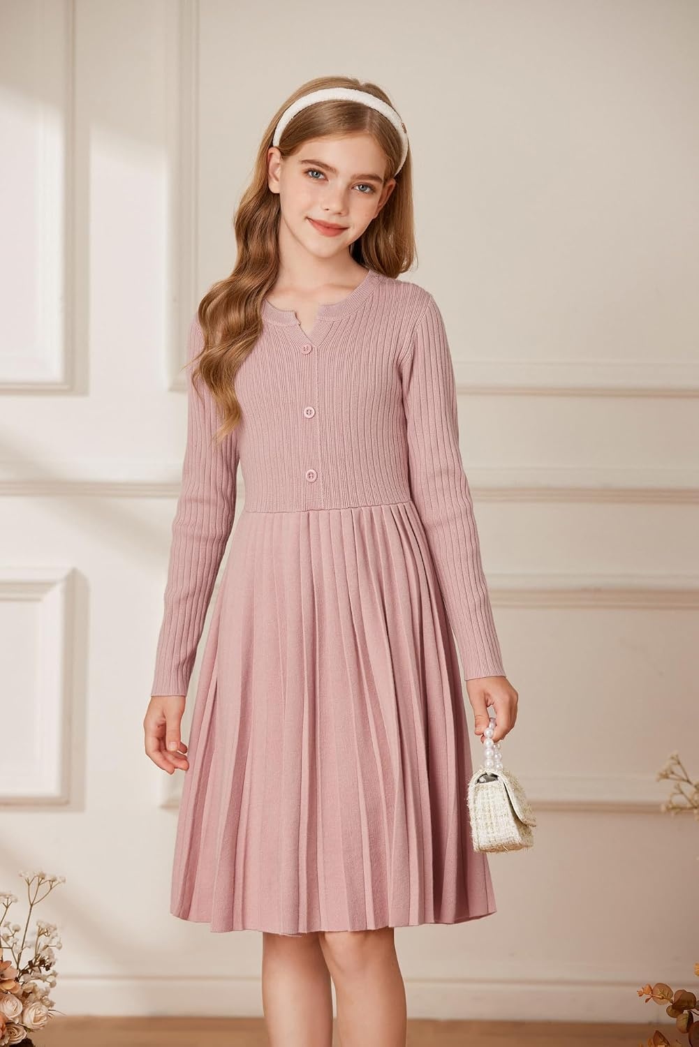 image:imageGRACE KARIN Girls Fall Winter Long Sleeve Sweater Casual Button Dress 714Gray Pink