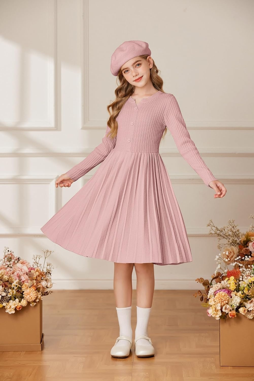 image:imageGRACE KARIN Girls Fall Winter Long Sleeve Sweater Casual Button Dress 714Gray Pink