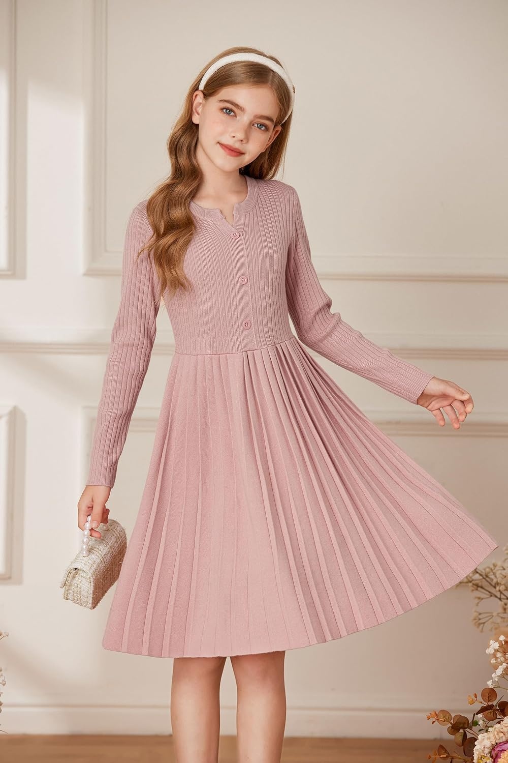image:imageGRACE KARIN Girls Fall Winter Long Sleeve Sweater Casual Button Dress 714Gray Pink