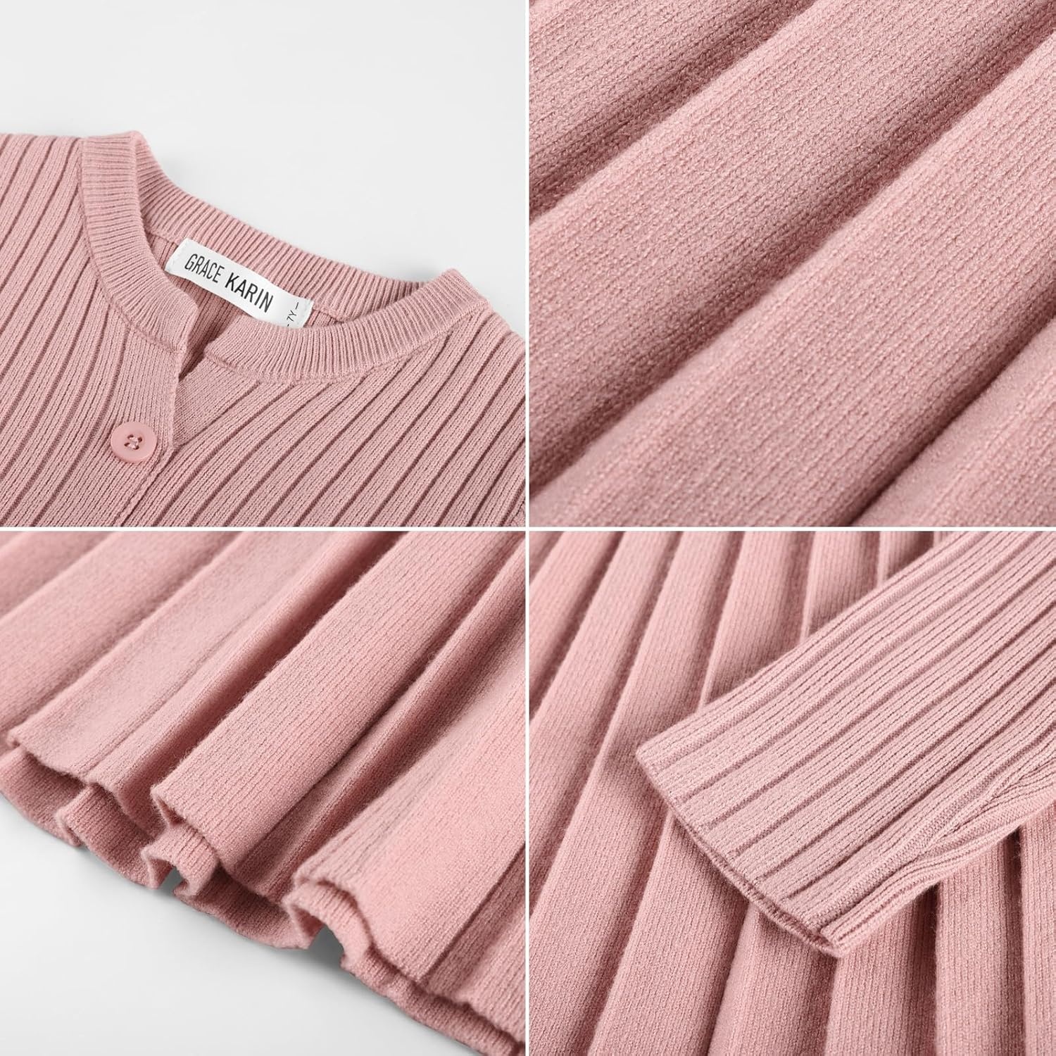 image:imageGRACE KARIN Girls Fall Winter Long Sleeve Sweater Casual Button Dress 714Gray Pink