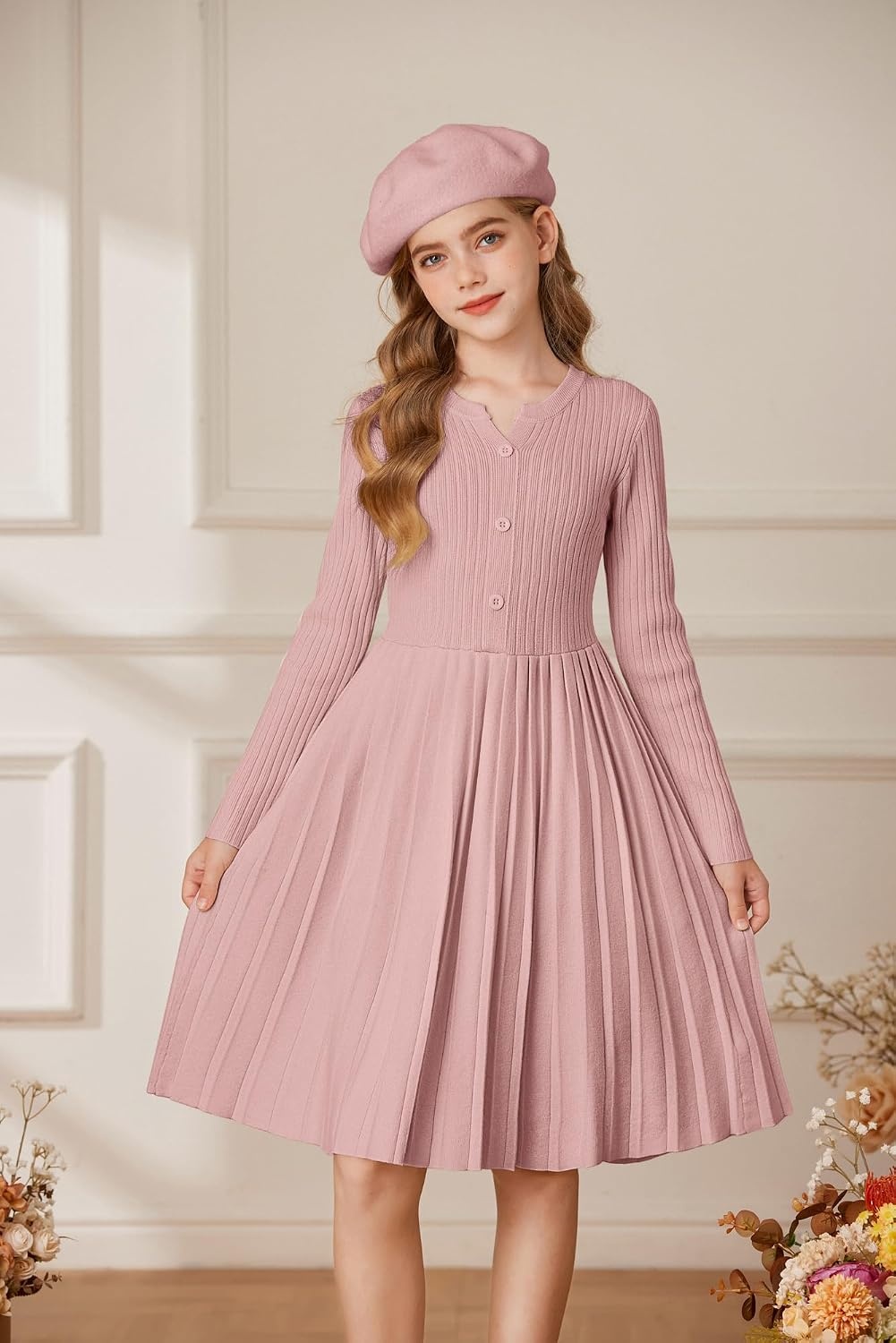 image:imageGRACE KARIN Girls Fall Winter Long Sleeve Sweater Casual Button Dress 714Gray Pink