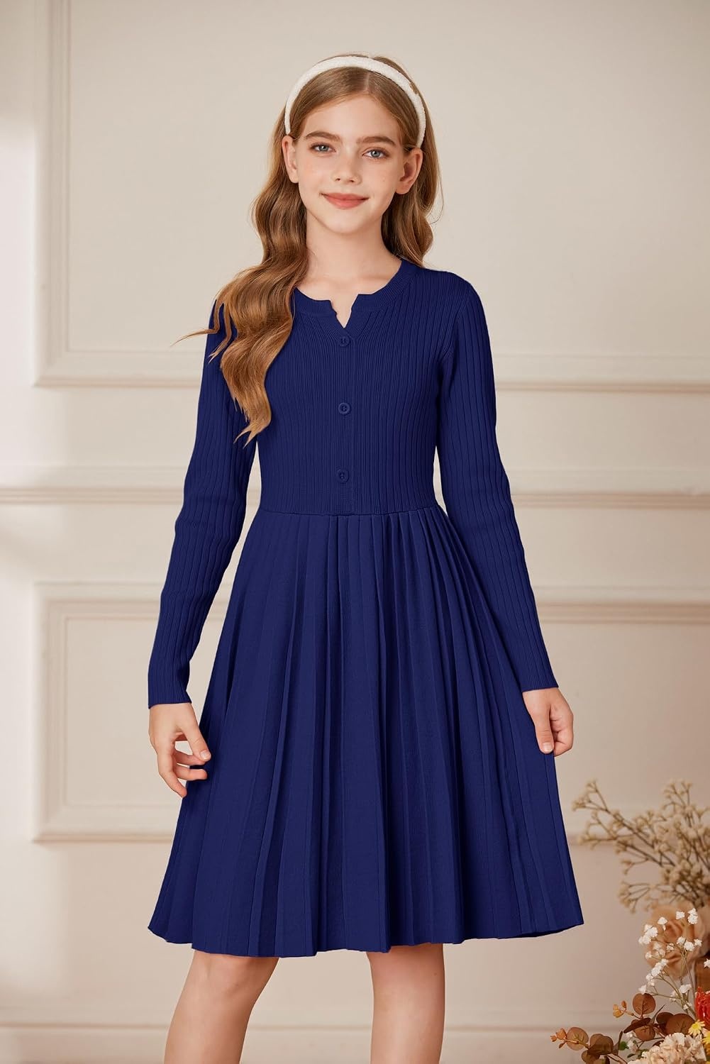 image:imageGRACE KARIN Girls Fall Winter Long Sleeve Sweater Casual Button Dress 714Navy Blue