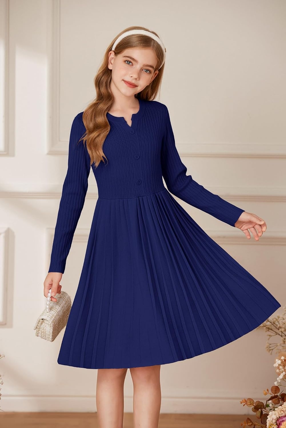 image:imageGRACE KARIN Girls Fall Winter Long Sleeve Sweater Casual Button Dress 714Navy Blue