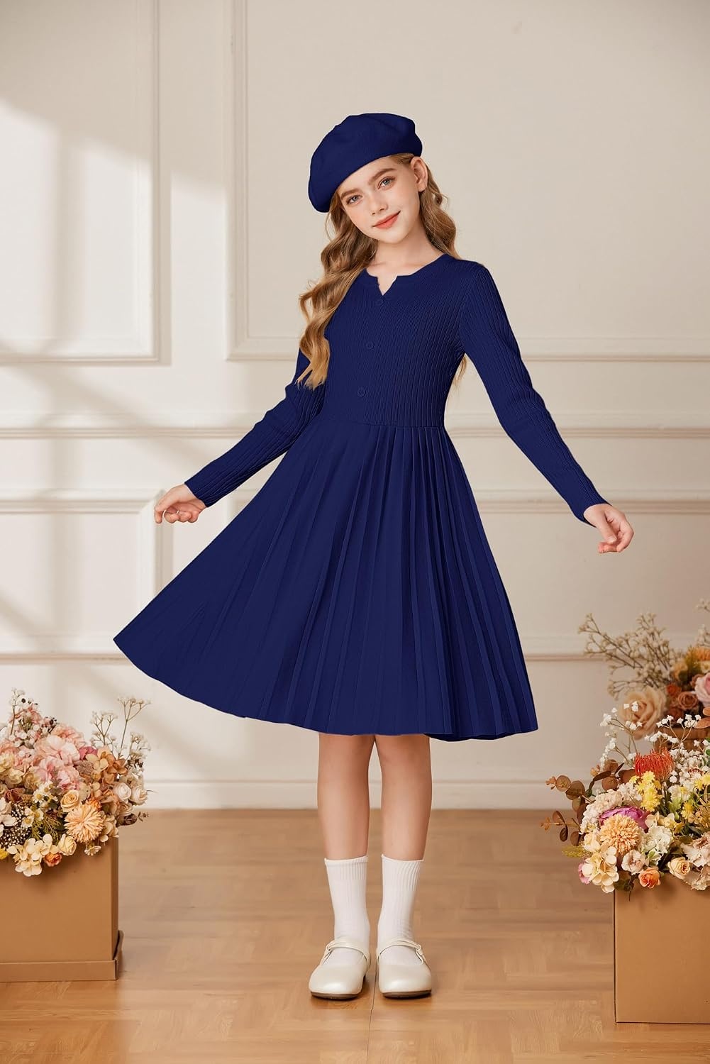 image:imageGRACE KARIN Girls Fall Winter Long Sleeve Sweater Casual Button Dress 714Navy Blue