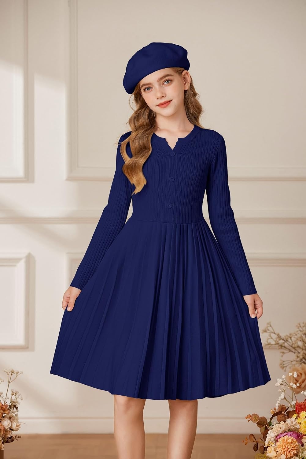 image:imageGRACE KARIN Girls Fall Winter Long Sleeve Sweater Casual Button Dress 714Navy Blue