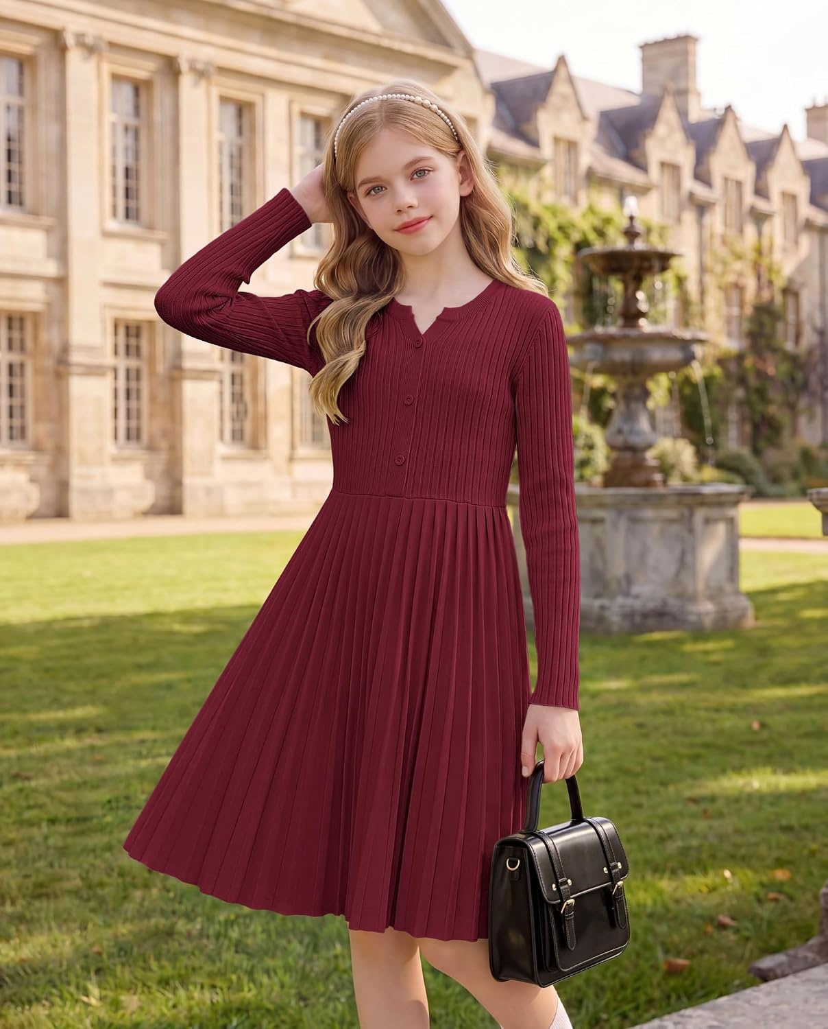 image:imageGRACE KARIN Girls Fall Winter Long Sleeve Sweater Casual Button Dress 714Wine Red