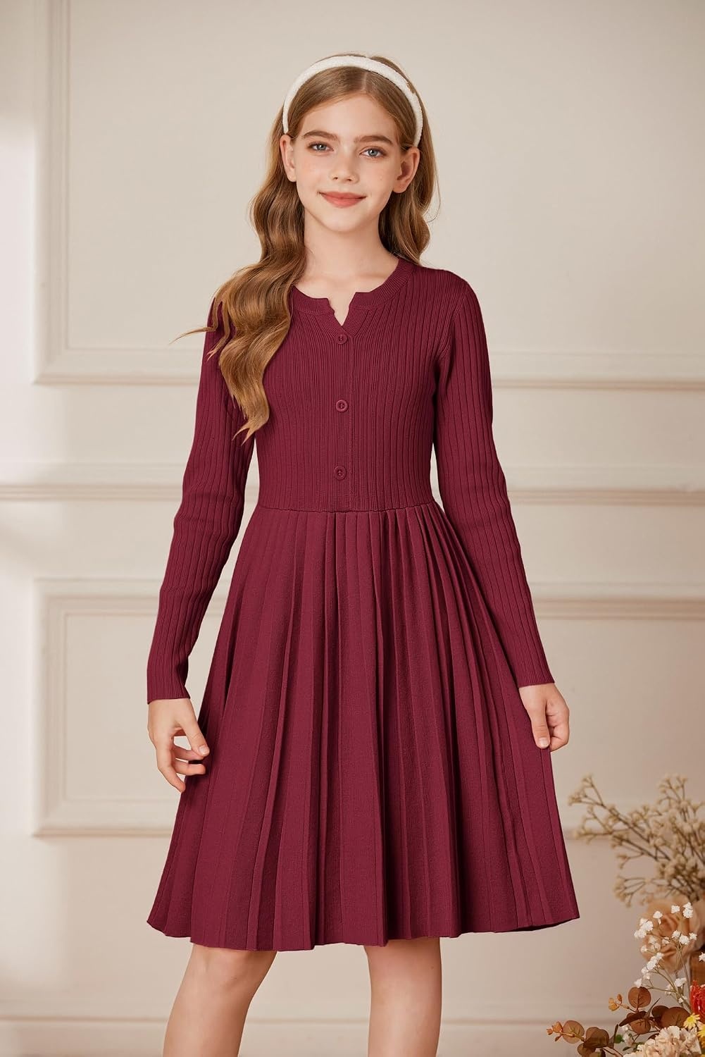 image:imageGRACE KARIN Girls Fall Winter Long Sleeve Sweater Casual Button Dress 714Wine Red