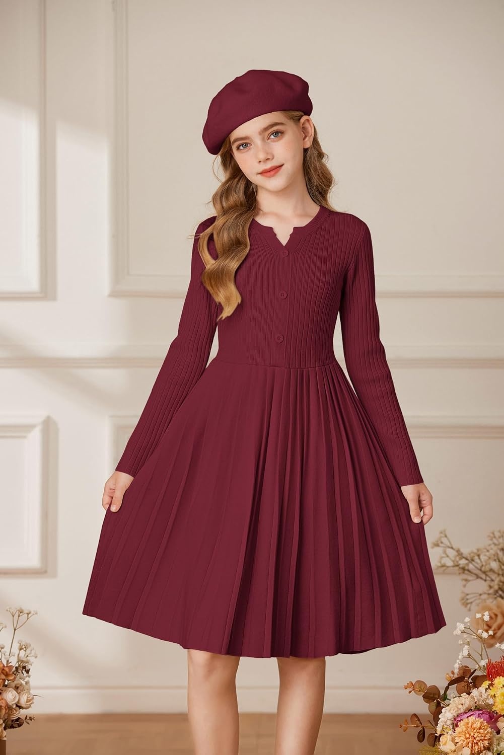 image:imageGRACE KARIN Girls Fall Winter Long Sleeve Sweater Casual Button Dress 714Wine Red