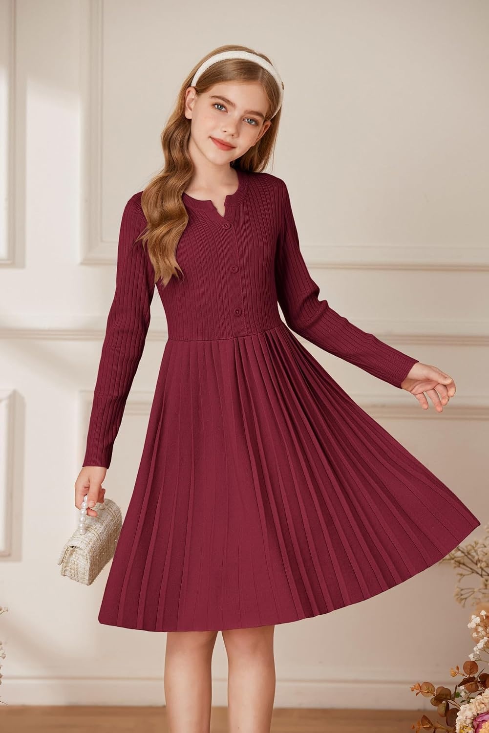 image:imageGRACE KARIN Girls Fall Winter Long Sleeve Sweater Casual Button Dress 714Wine Red