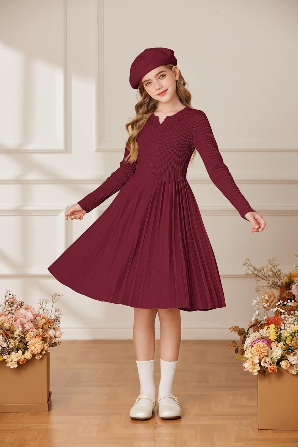 image:imageGRACE KARIN Girls Fall Winter Long Sleeve Sweater Casual Button Dress 714Wine Red