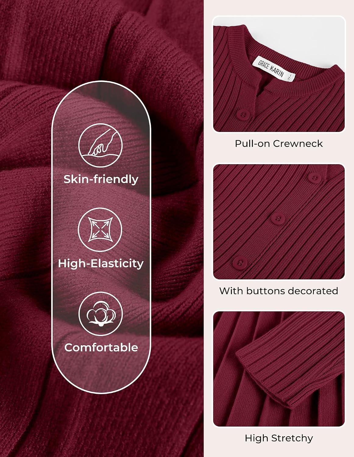 image:imageGRACE KARIN Girls Fall Winter Long Sleeve Sweater Casual Button Dress 714Wine Red