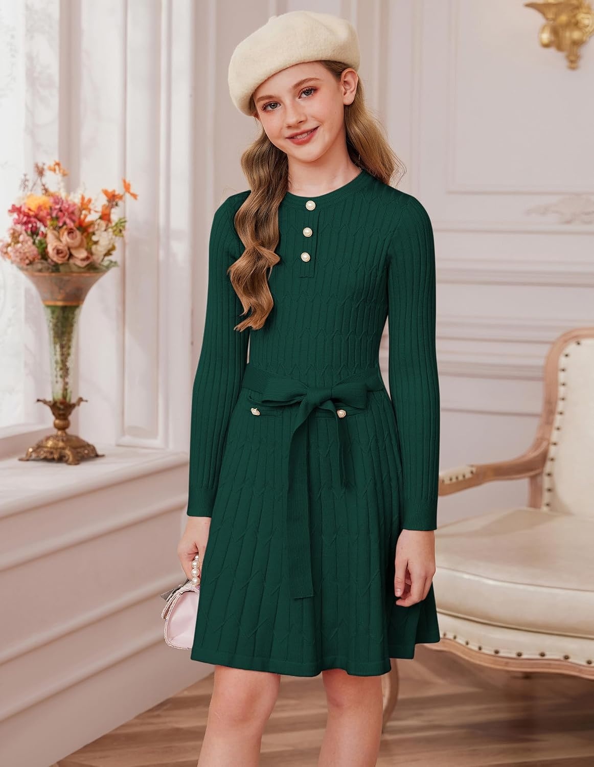 image:imageGRACE KARIN Girls Fall Winter Sweater Long Sleeve Cable Knit Dresses 614YDark Green