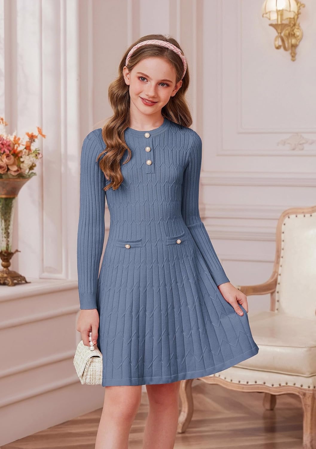 image:imageGRACE KARIN Girls Fall Winter Sweater Long Sleeve Cable Knit Dresses 614YGray Blue