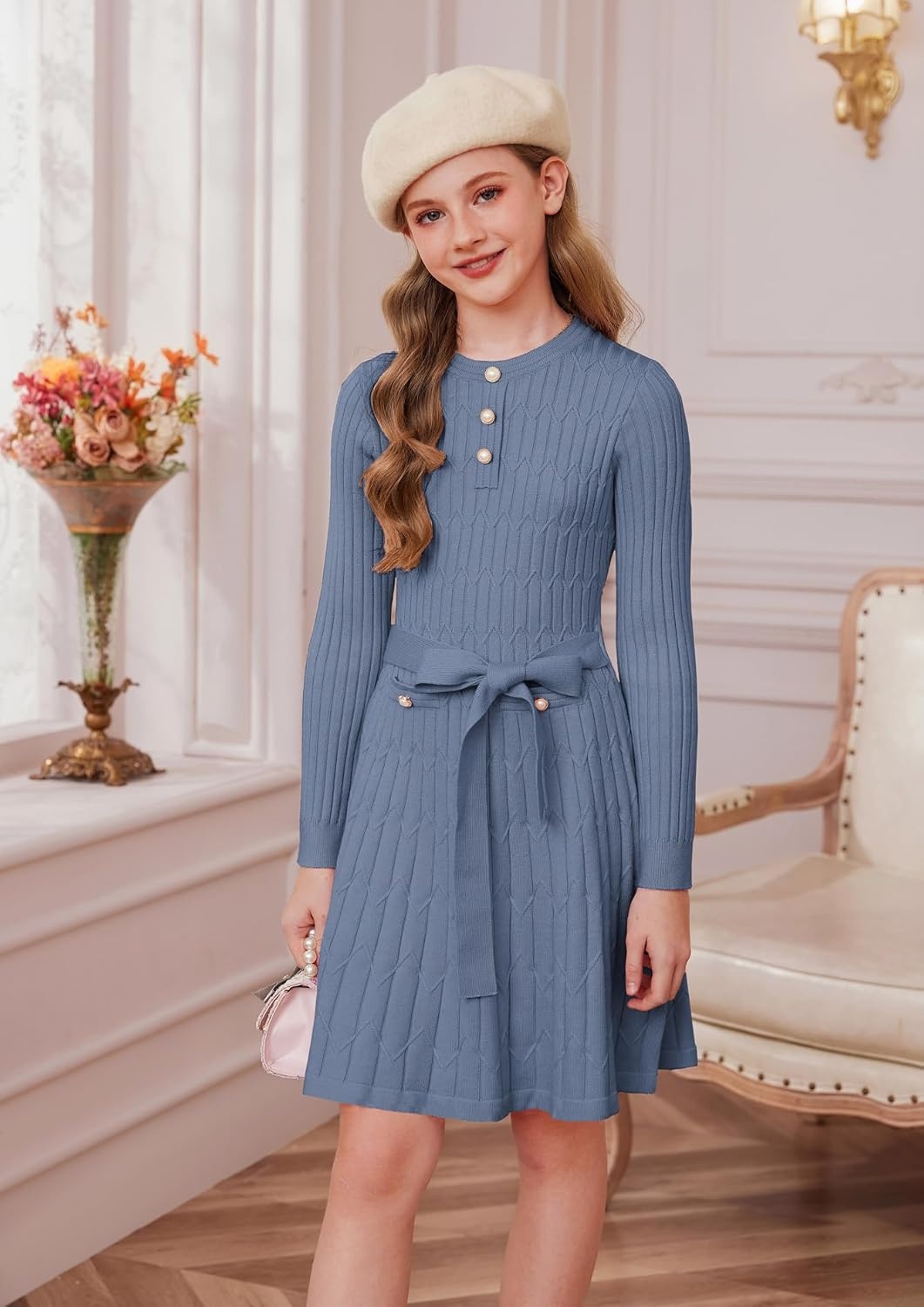 image:imageGRACE KARIN Girls Fall Winter Sweater Long Sleeve Cable Knit Dresses 614YGray Blue